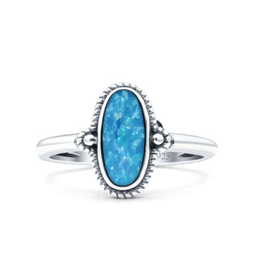 Vintage Style Petite Dainty Lab Created Blue Opal Ring Solid Oval Oxidized 925 Sterling Silver